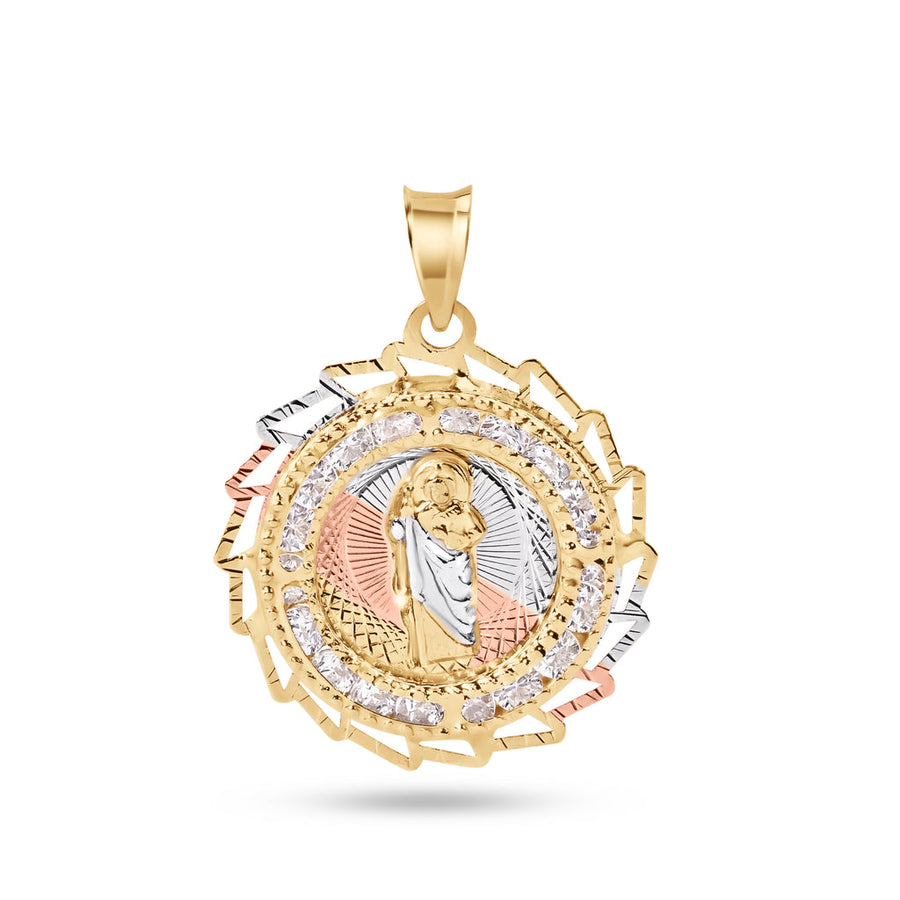 14 Karat Yellow Gold 2 Tone 20mm Diamond Cut Sharp Edge Bezel Saint Jude Clear CZ Pendant