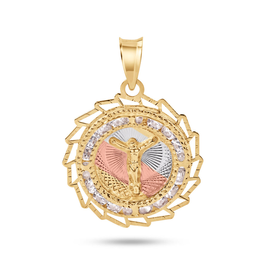 14 Karat Yellow Gold 2 Tone 20mm Diamond Cut Sharp Edge Bezel Jesus Christ Clear CZ Pendant