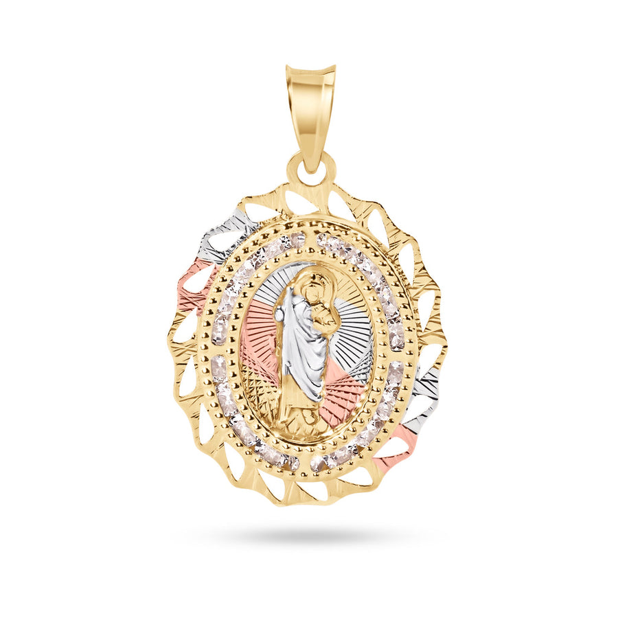 14 Karat Yellow Gold 2 Tone 20mm Diamond Cut Oval Bezel Saint Jude Clear CZ Pendant