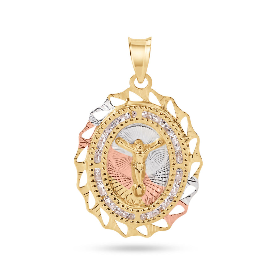 14 Karat Yellow Gold 2 Tone 20mm Diamond Cut Oval Bezel Jesus Christ Clear CZ Pendant