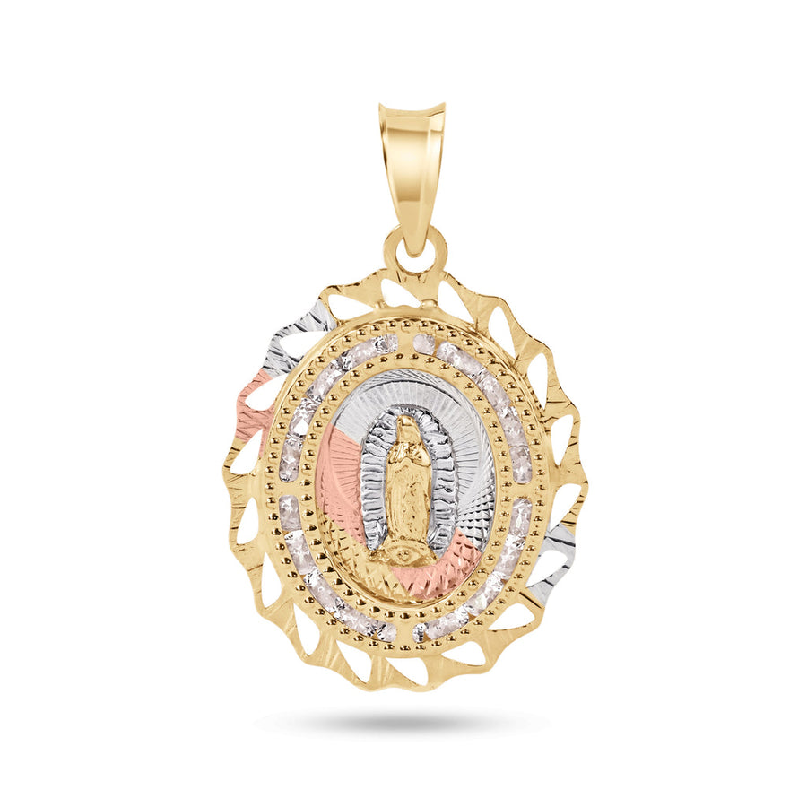 14 Karat Yellow Gold 2 Tone 20mm Diamond Cut Oval Bezel Our Lady of Guadalupe Clear CZ Pendant