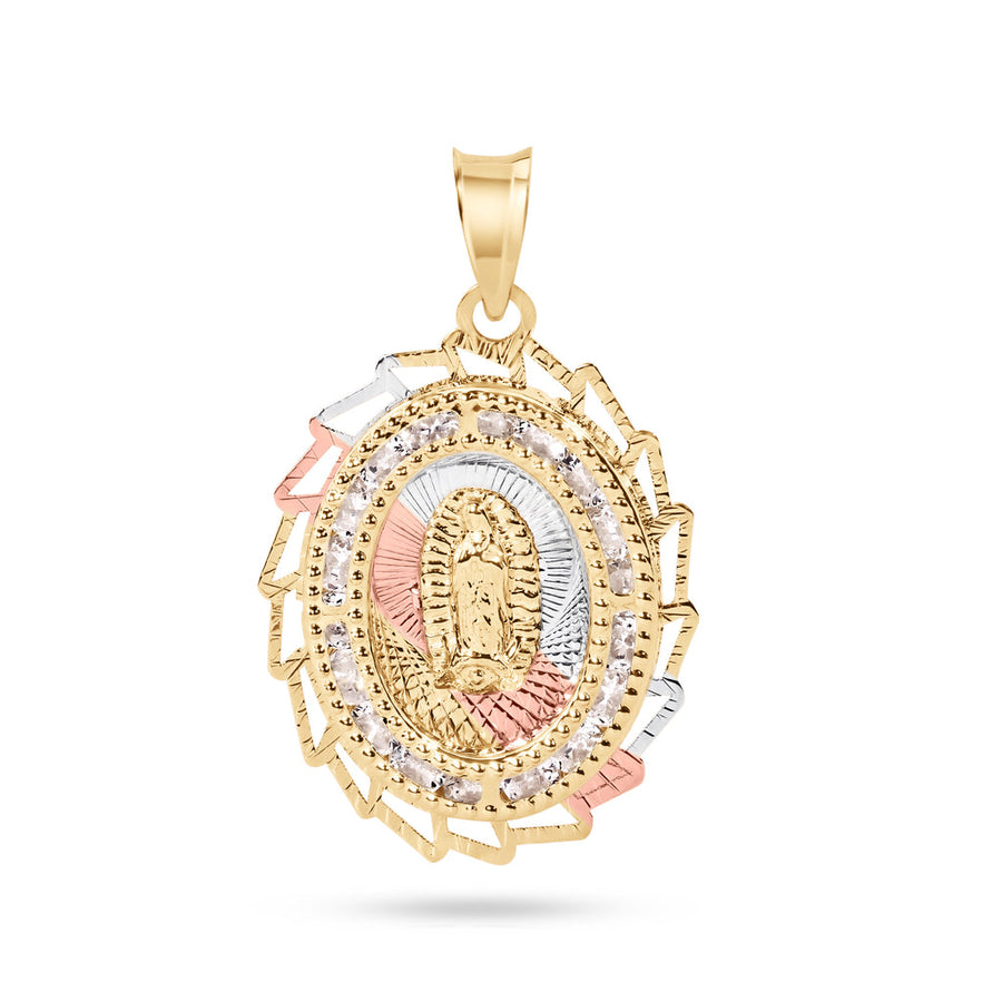 14 Karat Yellow Gold 2 Tone 20mm Diamond Cut Oval Sharp Edge Bezel Guadalupe Clear CZ Pendant