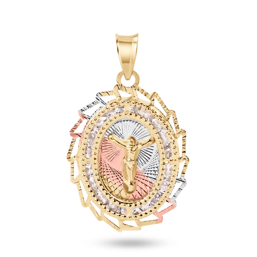 14 Karat Yellow Gold 2 Tone 20mm Diamond Cut Oval Sharp Edge Bezel Jesus Christ Clear CZ Pendant