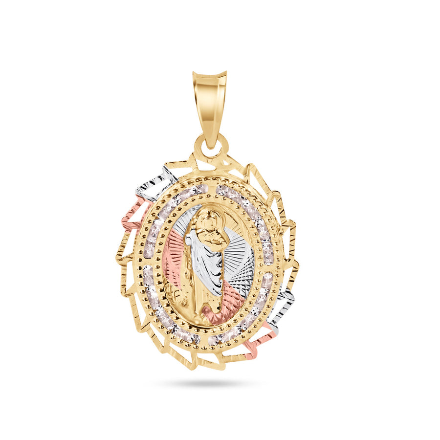14 Karat Yellow Gold 2 Tone 20mm Diamond Cut Oval Sharp Edge Bezel Saint Jude Clear CZ Pendant
