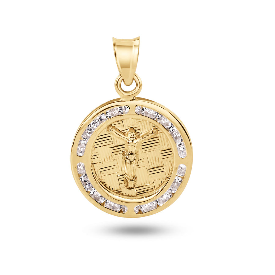 14 Karat Yellow Gold 16mm Round Jesus Christ Clear CZ Pendant