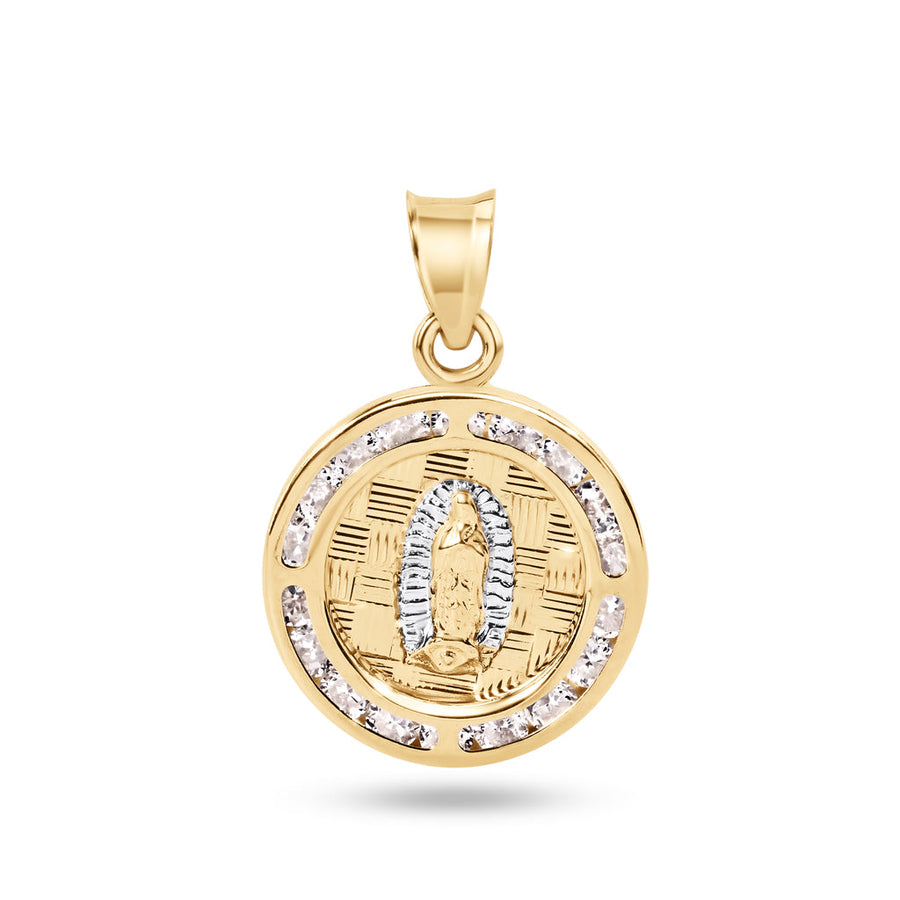14 Karat Yellow Gold 16mm Round Our Lady of Guadalupe Clear CZ Pendant