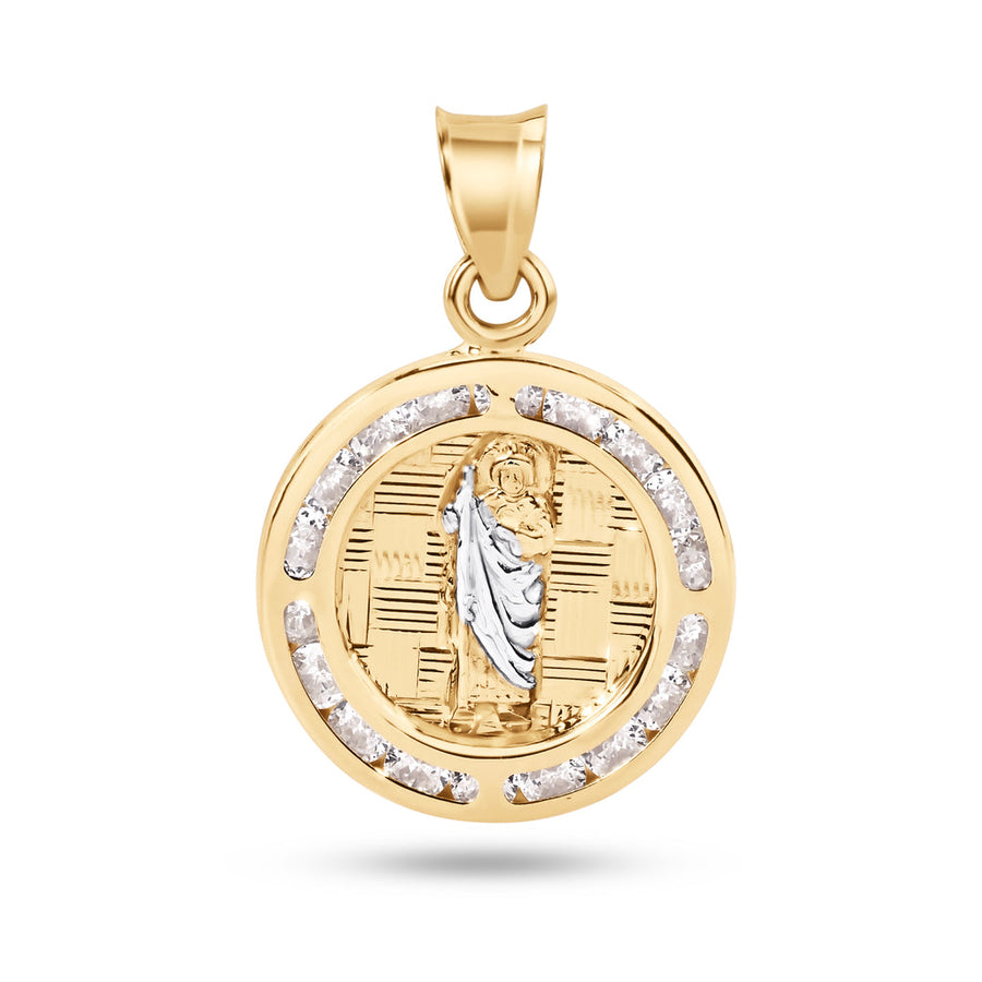 14 Karat Yellow Gold 16mm Round Saint Jude Clear CZ Pendant