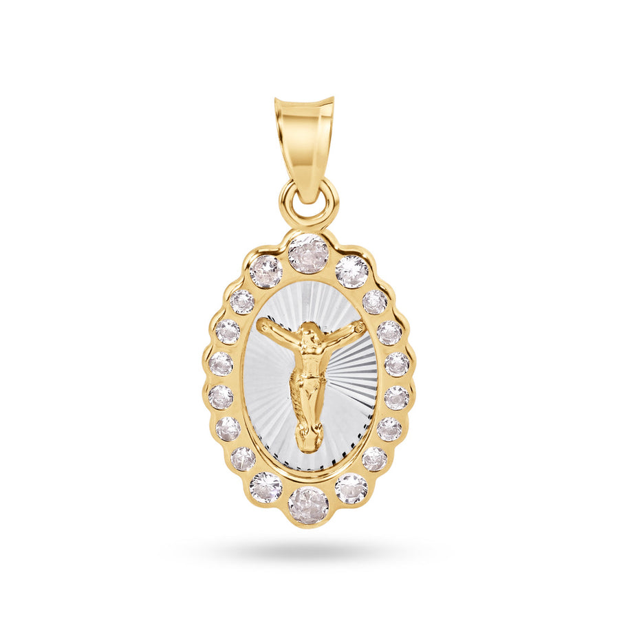 14 Karat Yellow Gold 18mm Oval Jesus Christ Clear CZ Pendant