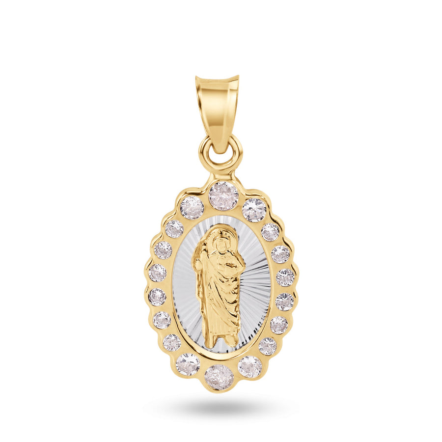 14 Karat Yellow Gold 18mm Oval Saint Jude Clear CZ Pendant