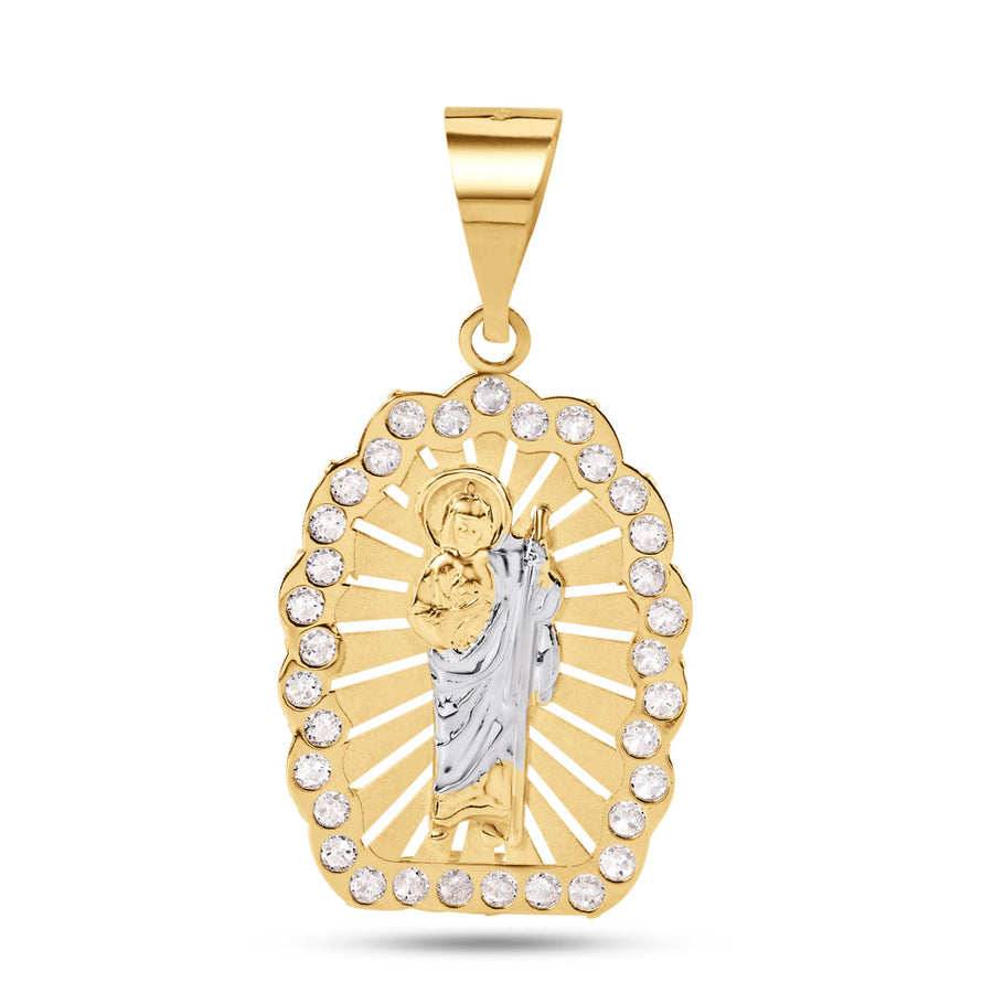 14 Karat Yellow Gold 2 Tone 26mm Saint Jude Clear CZ Pendant