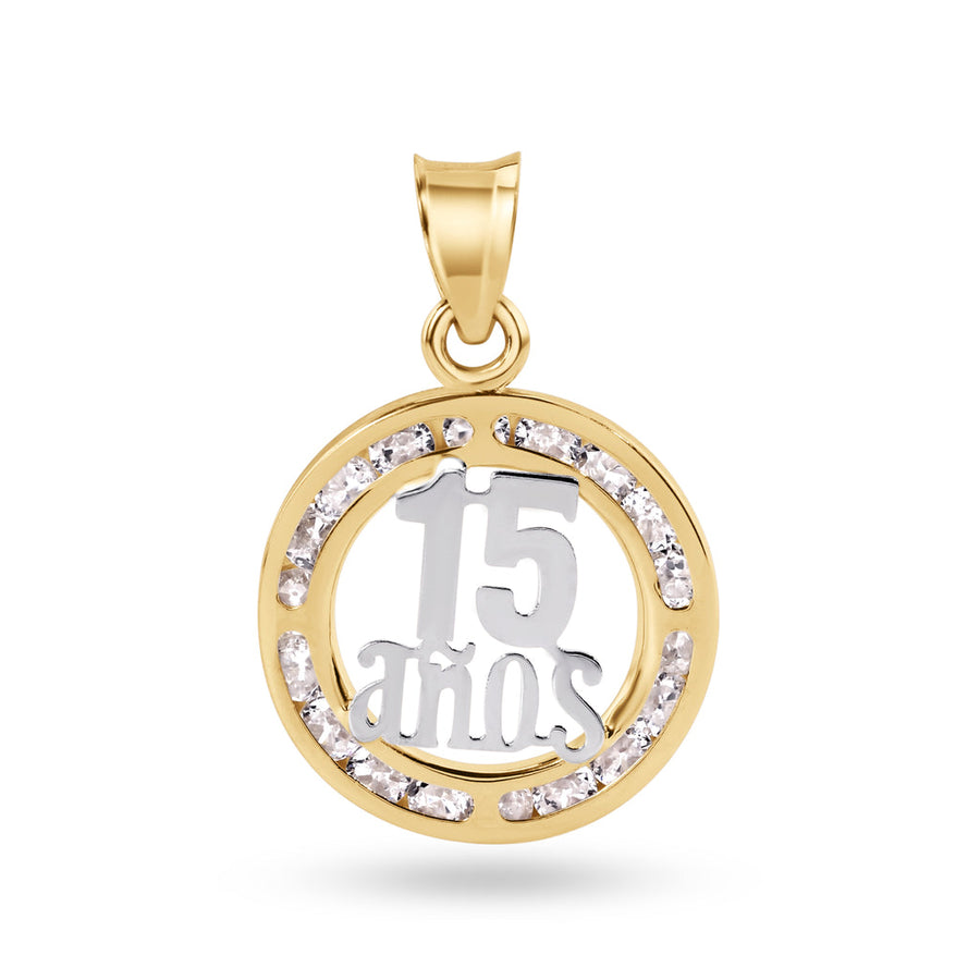14 Karat Yellow Gold 15.5mm Quinceañera 15 Anos Clear CZ Pendant