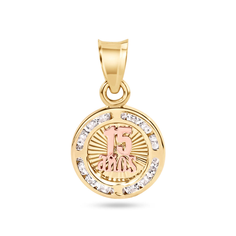14 Karat Yellow Gold 11.5mm Quinceañera 15 Anos Diamond Cut Clear CZ Pendant