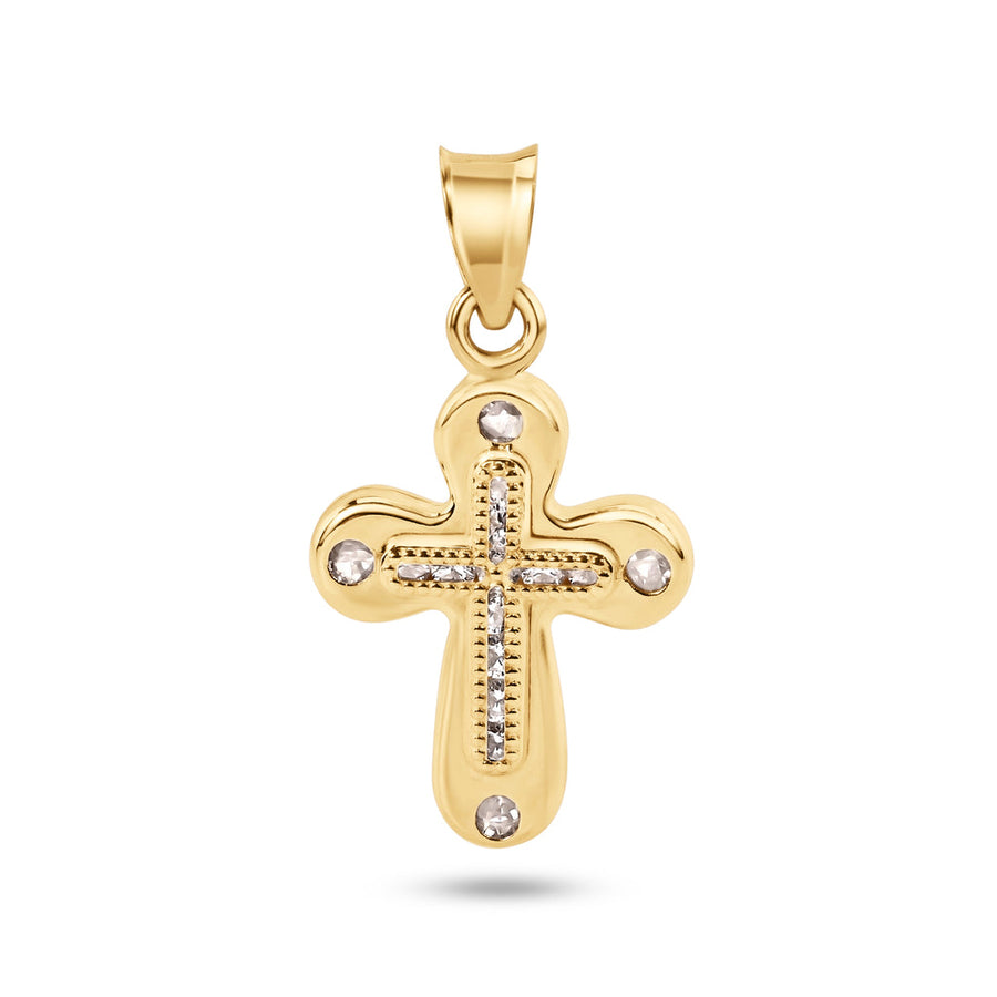 14 Karat Yellow Gold Beaded Cross Clear CZ Pendant