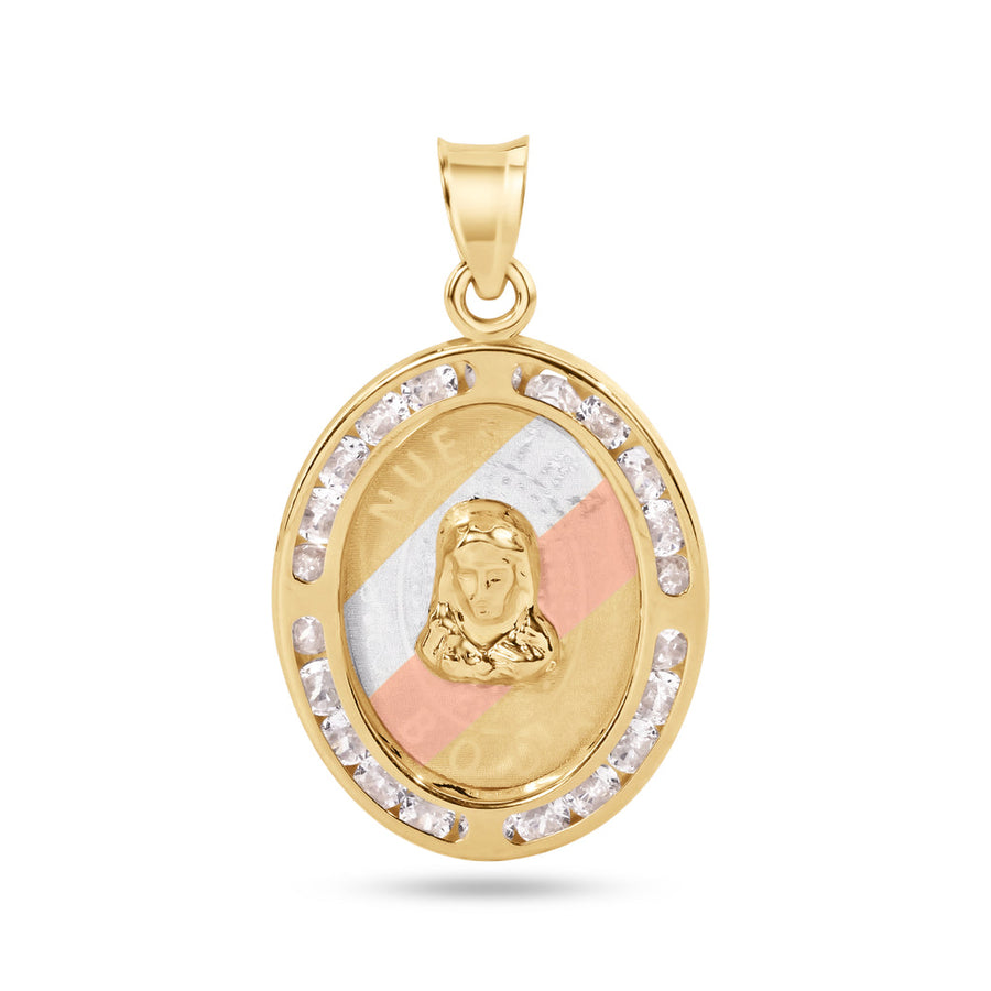 14 Karat Yellow Gold Tri Color Nuestra Boda Jesus Christ CZ Pendant