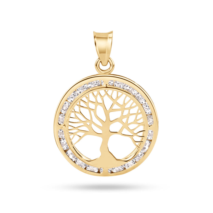 14 Karat Yellow Gold 19mm Tree of Life CZ Pendant