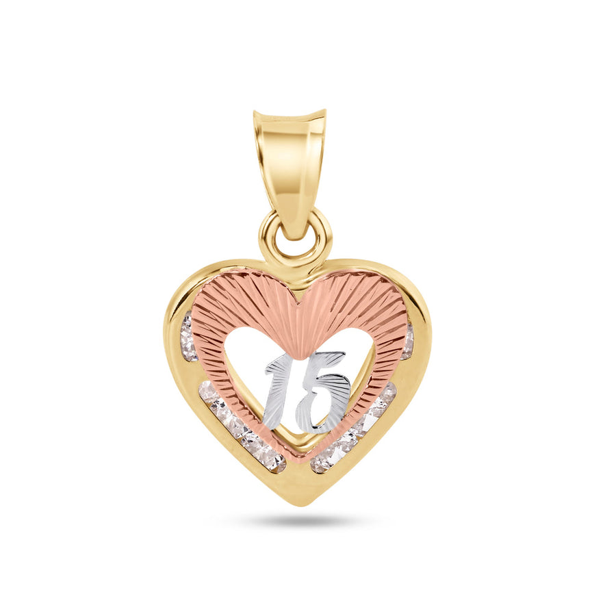 14 Karat Yellow Gold Heart 2 Tone Quinceañera 15 Anos Diamond Cut Clear CZ Pendant