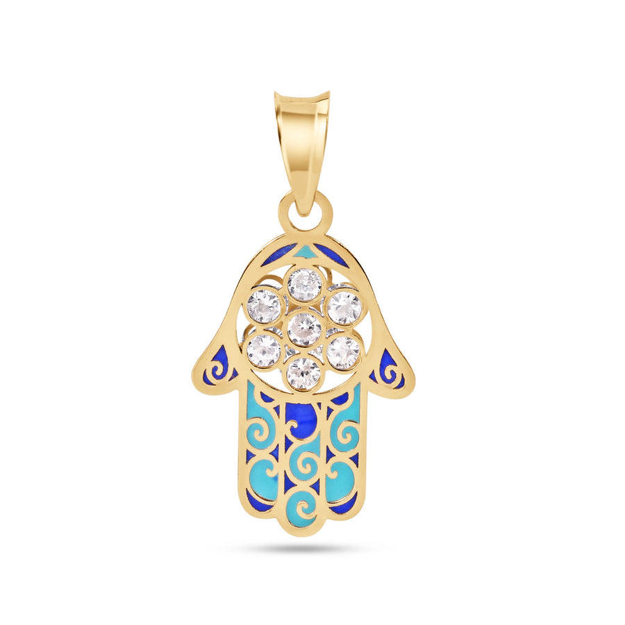 14 Karat Yellow Gold Hamsa Enamel Turquiose and Blue with Clear CZ Pendant