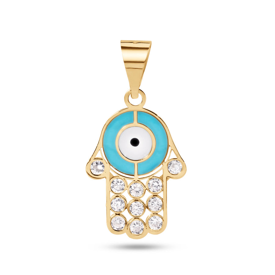 14 Karat Yellow Gold Hamsa Enamel Turquiose and White with Clear CZ Pendant