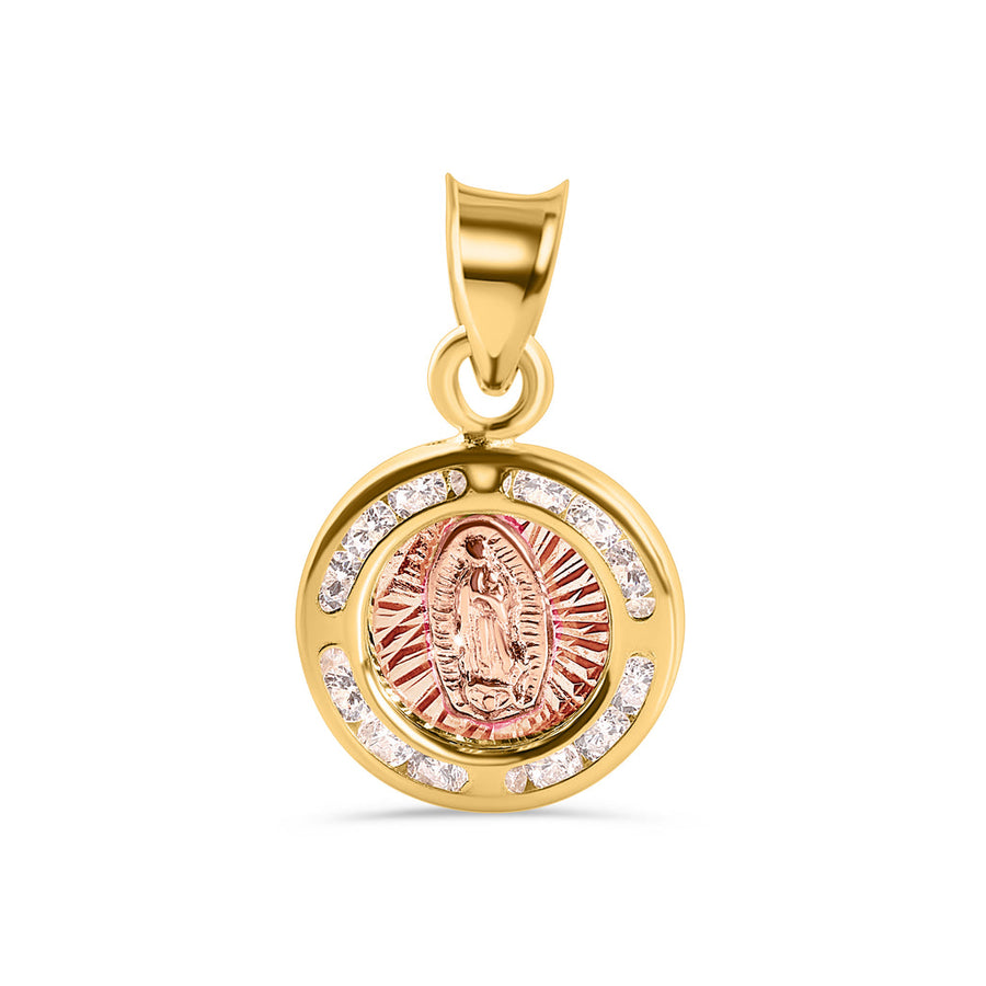14 Karat Yellow Gold Round Our Lady of Guadalupe Two Tone Diamond Cut Clear CZ 11mm Pendant