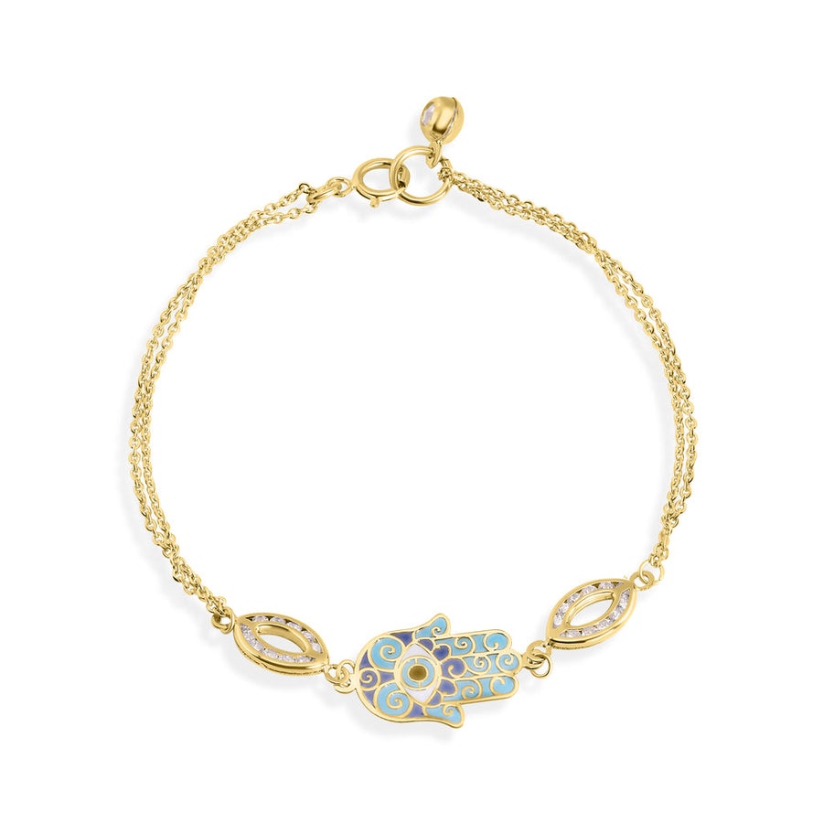 14 Karat Yellow Gold Double Strand 030 Cable Enamel Hamsa Clear CZ Bracelet