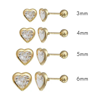 14 Karat Yellow Gold Screw Back Bezel Heart CZ Stud Earring