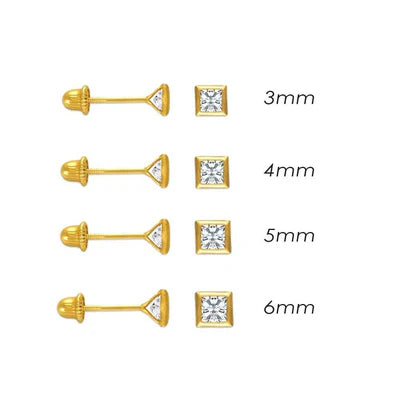 14 Karat Yellow Gold Screw Back Bezel Square CZ Stud Earring