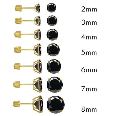 14 Karat Yellow Gold Screw Backing Black CZ Round Stud Earring