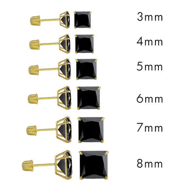 14 Karat Yellow Gold Screw Backing Black CZ Square Stud Earring