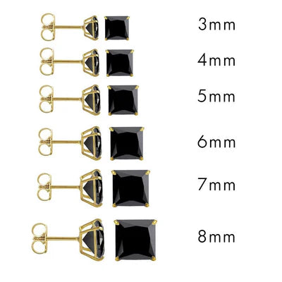 14 Karat Yellow Gold Push Backing Black CZ Square Stud Earring