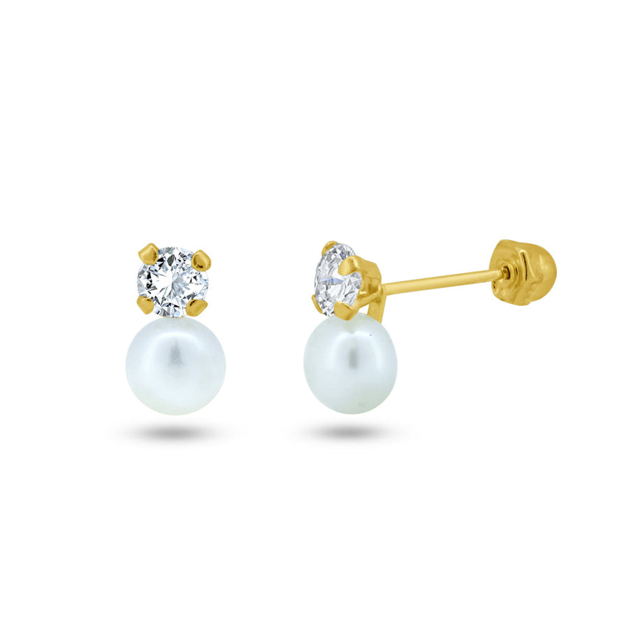 14 Karat Yellow Gold CZ with Pearl Screw Back Stud Earrings