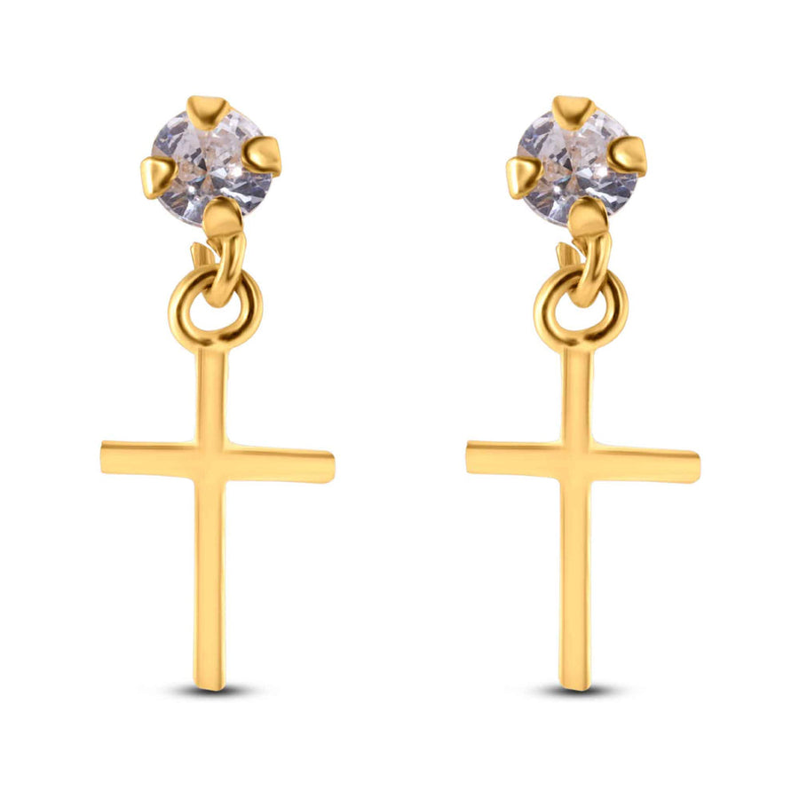 14 Karat Yellow Dangling Cross Clear CZ Screw Back Earrings
