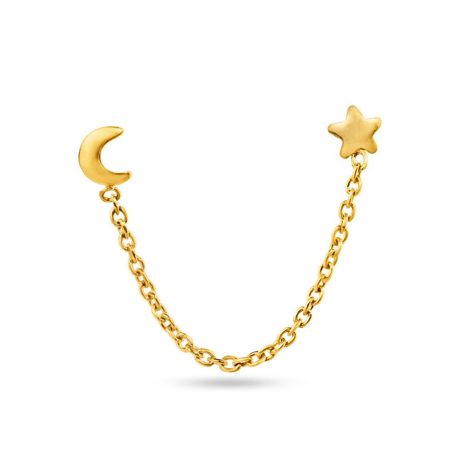 14 Karat Yellow Gold Double Piercing Star and Moon Screw Back Earrings