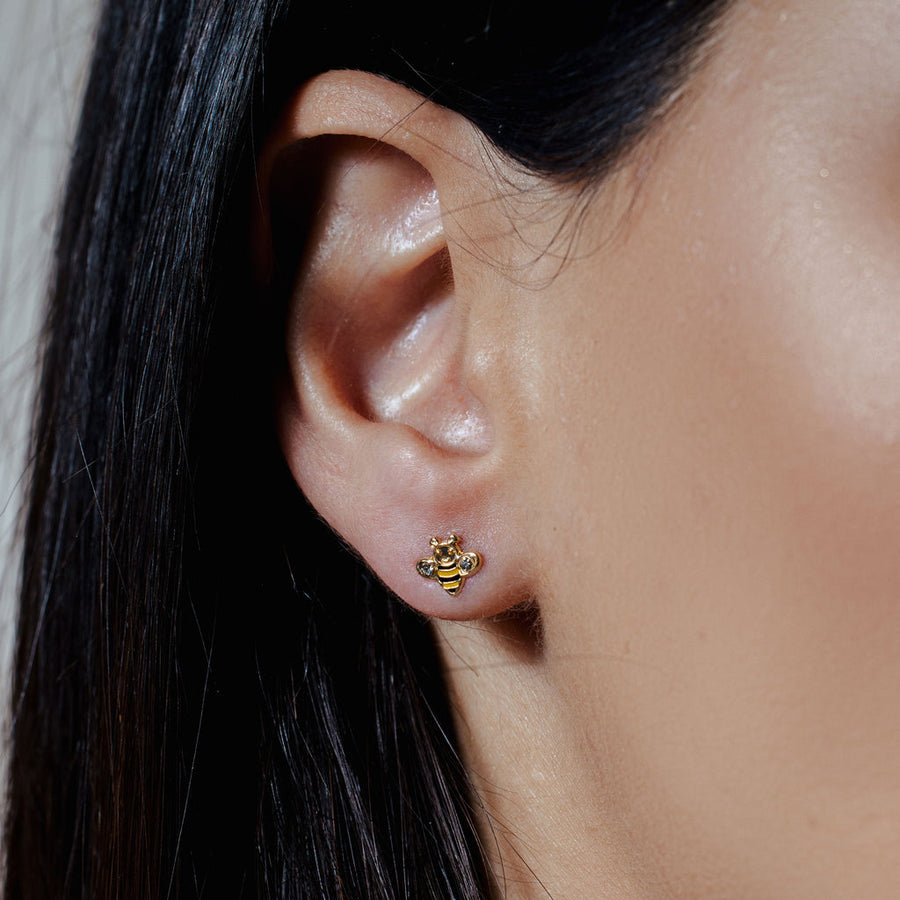 14 Karat Yellow Bee Black and Yellow Enamel Clear CZ Screw Back Earrings