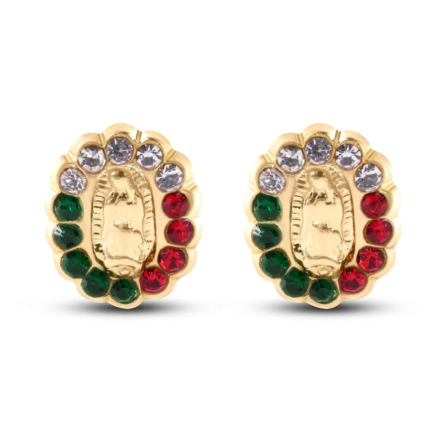14 Karat Yellow Gold Guadalupe Red Green and Clear Screw Back Earrings