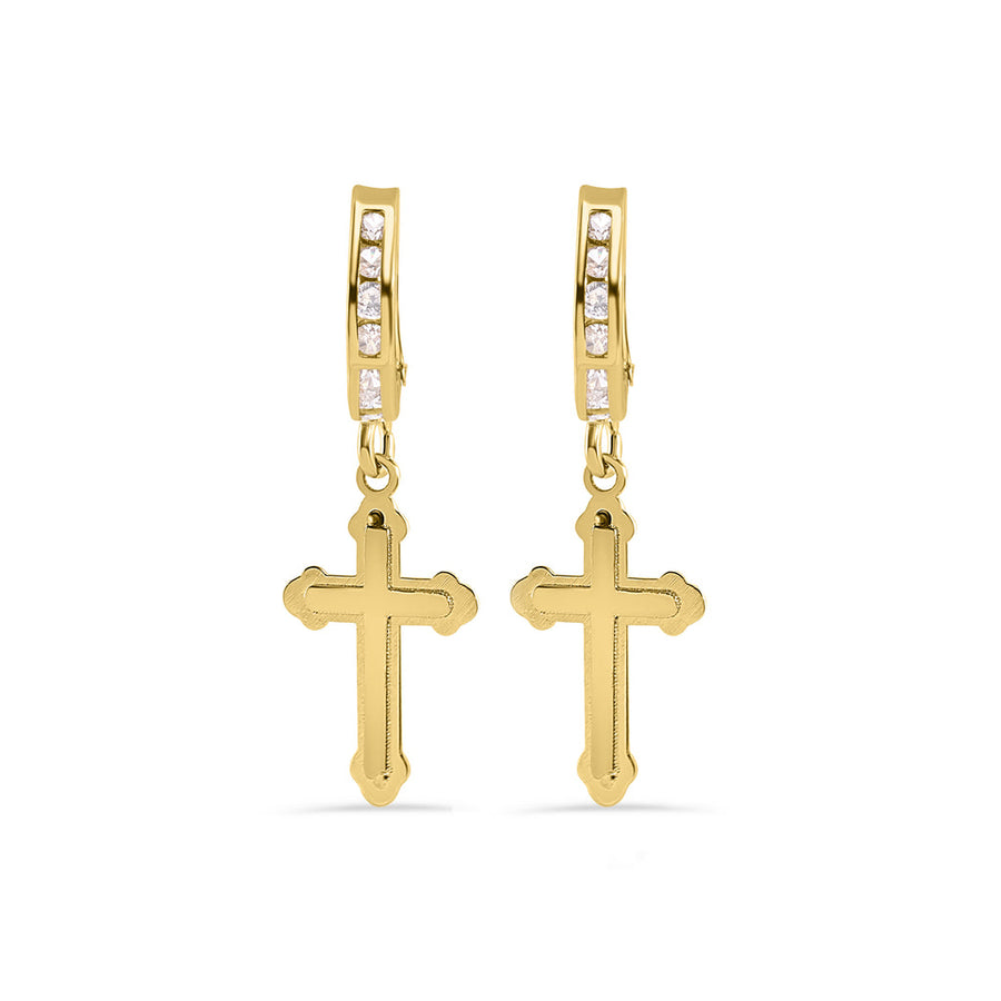 14 Karat Yellow Gold 12.9mm Hoop Half Studded Clear CZ Cross Latch Box Earrings