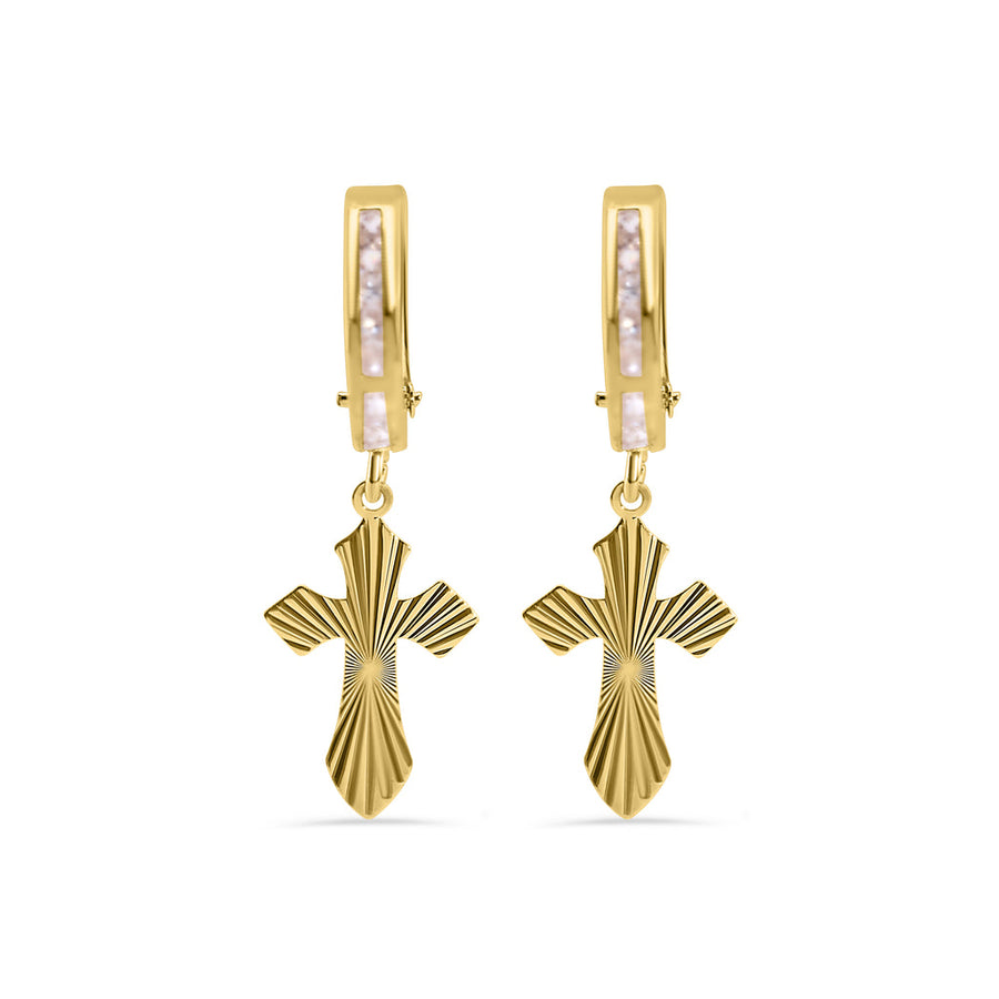 14 Karat Yellow Gold 12.8mm Hoop Half Studded Clear CZ Diamond Cut Cross Latch Box Earrings