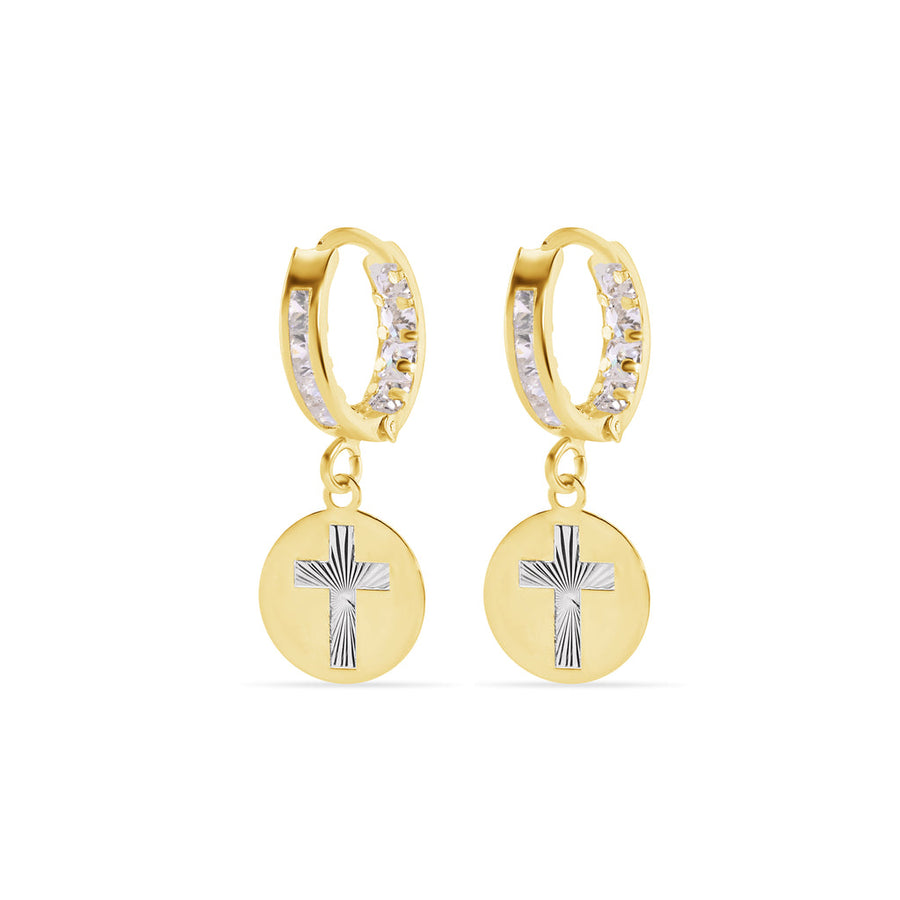 14 Karat Yellow Gold 11.5mm Hoop Studded Clear CZ Diamond Cut Cross Latch Box Earrings