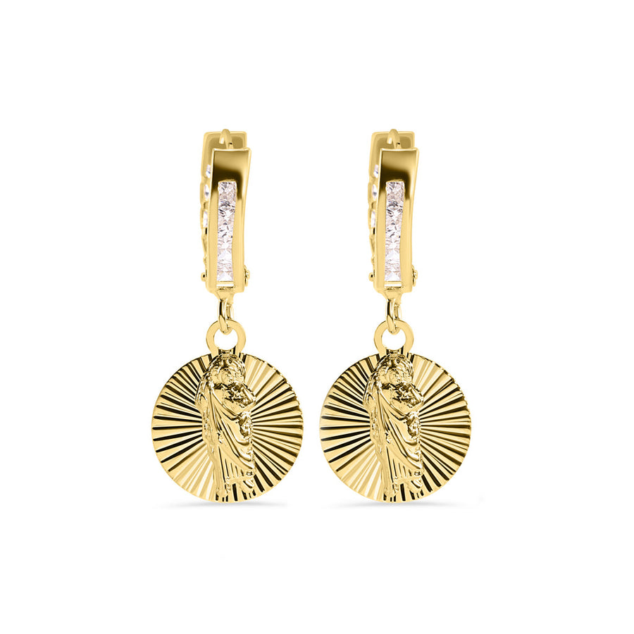 14 Karat Yellow Gold 12mm Hoop Studded Clear CZ Diamond Cut Saint Jude Latch Box Earrings
