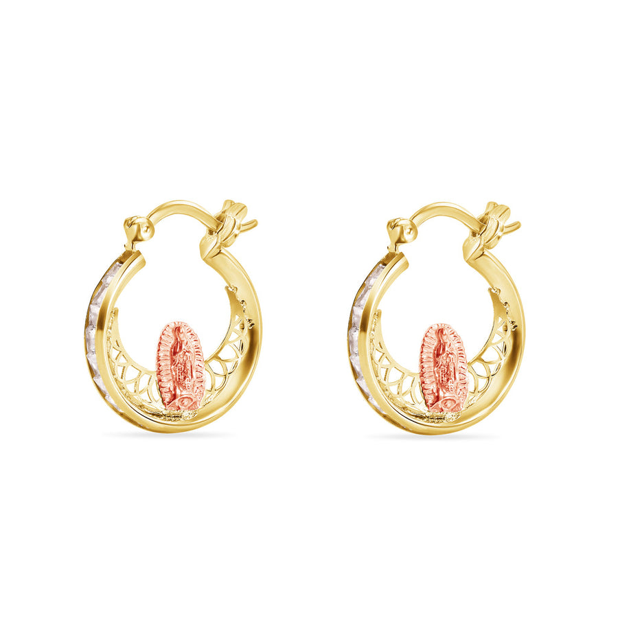 14 Karat Yellow Gold 17.8mm Two Tone Hoop Studded Clear CZ Our Lady of Guadalupe Latch Box Earrings