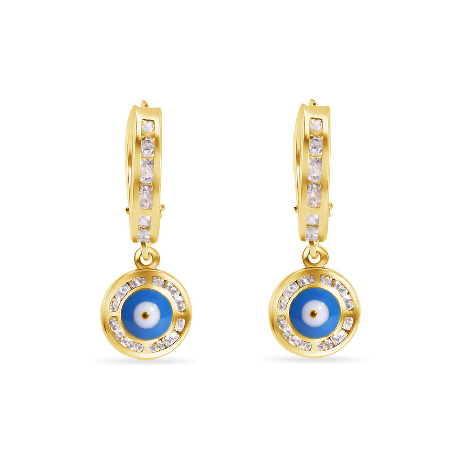 14 Karat Yellow Gold 12.6mm Hoop Studded Clear CZ Evil Eye Latch Box Earrings
