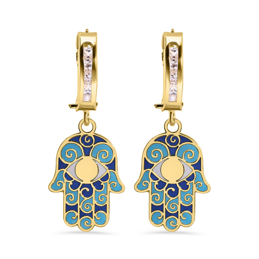 14 Karat Yellow Gold 11.7mm Hoop Studded Clear CZ Enamel Hamsa Latch Box Earrings