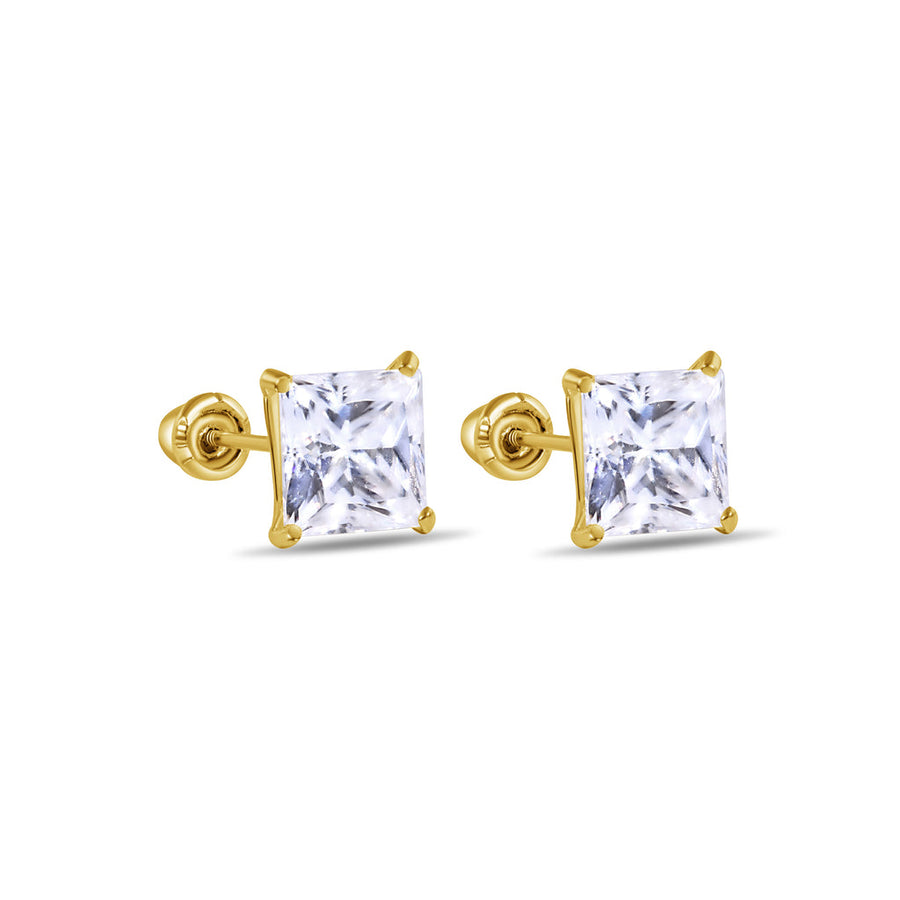 14 Karat Yellow Gold Square Moissanite Stud Screw Back Earring