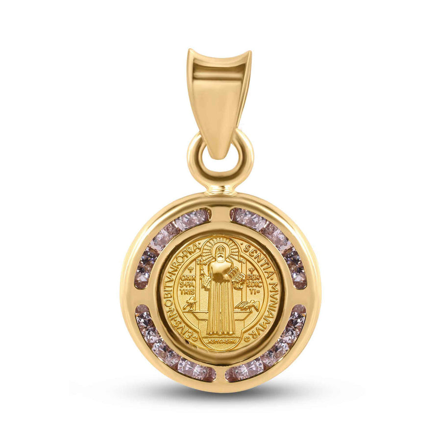 14 Karat Yellow Gold 11.5mm Saint Benedict Medal Clear CZ Pendant
