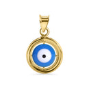 14 Karat Yellow Gold Round Enamel Evil Eye Clear Baguette CZ 13.5mm Pendant
