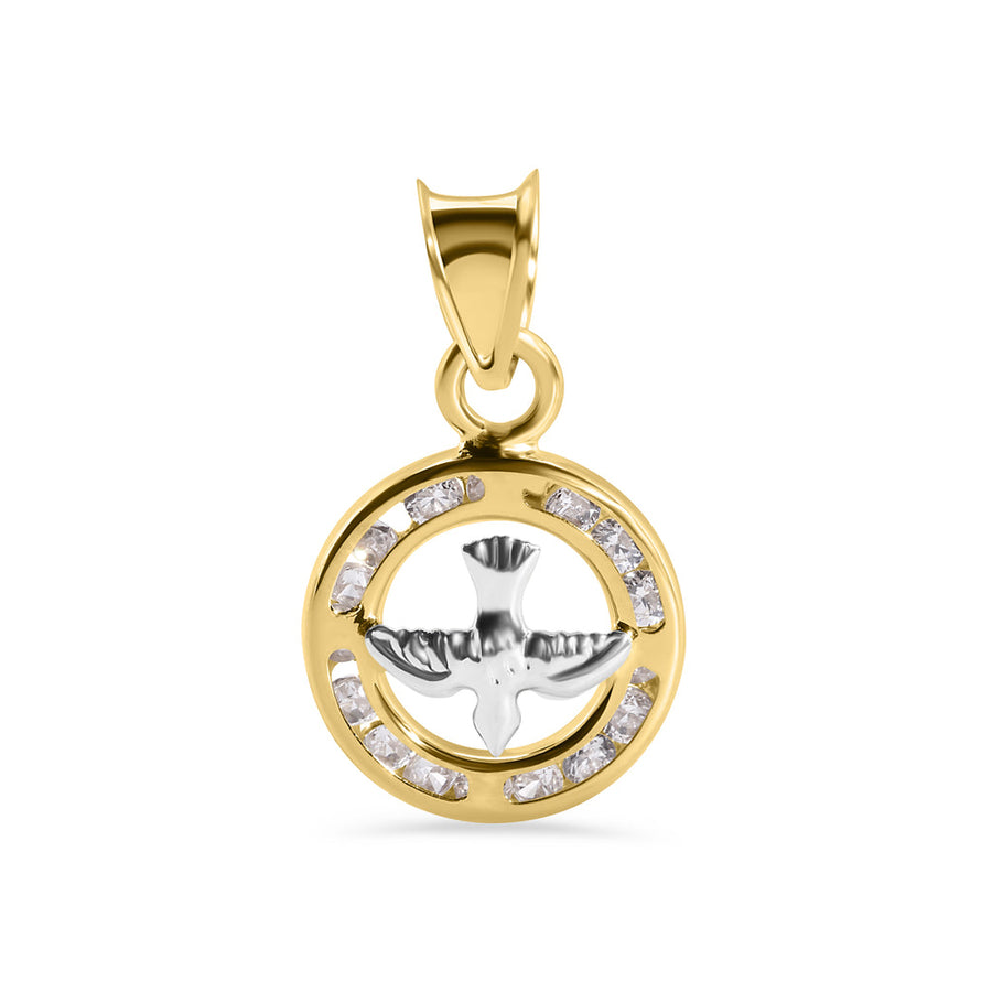 14 Karat Yellow Gold Round Holy Spirit Dove Clear CZ 11mm Pendant