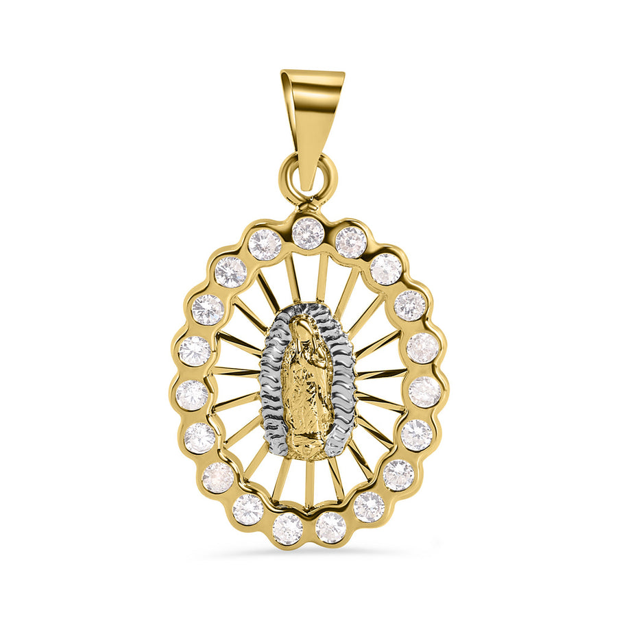 14 Karat Yellow Gold Oval Our Lady of Guadalupe Diamond Cut Clear CZ Pendant