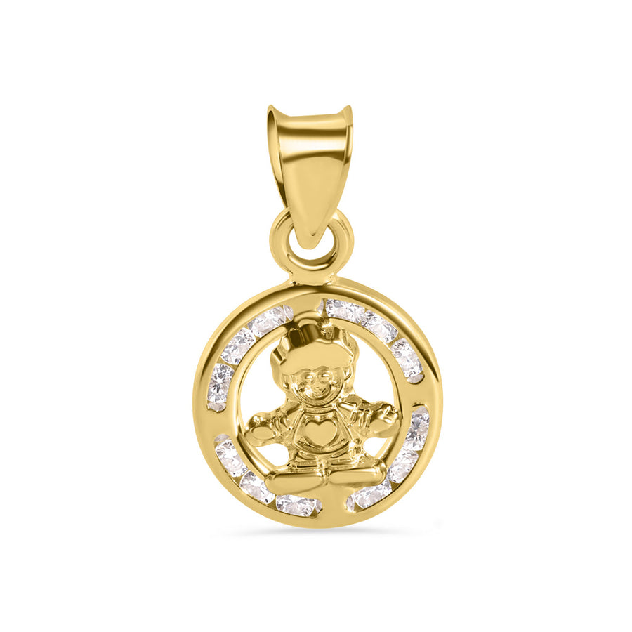 14 Karat Yellow Gold Round Boy Heart Clear CZ 11.2mm Pendant