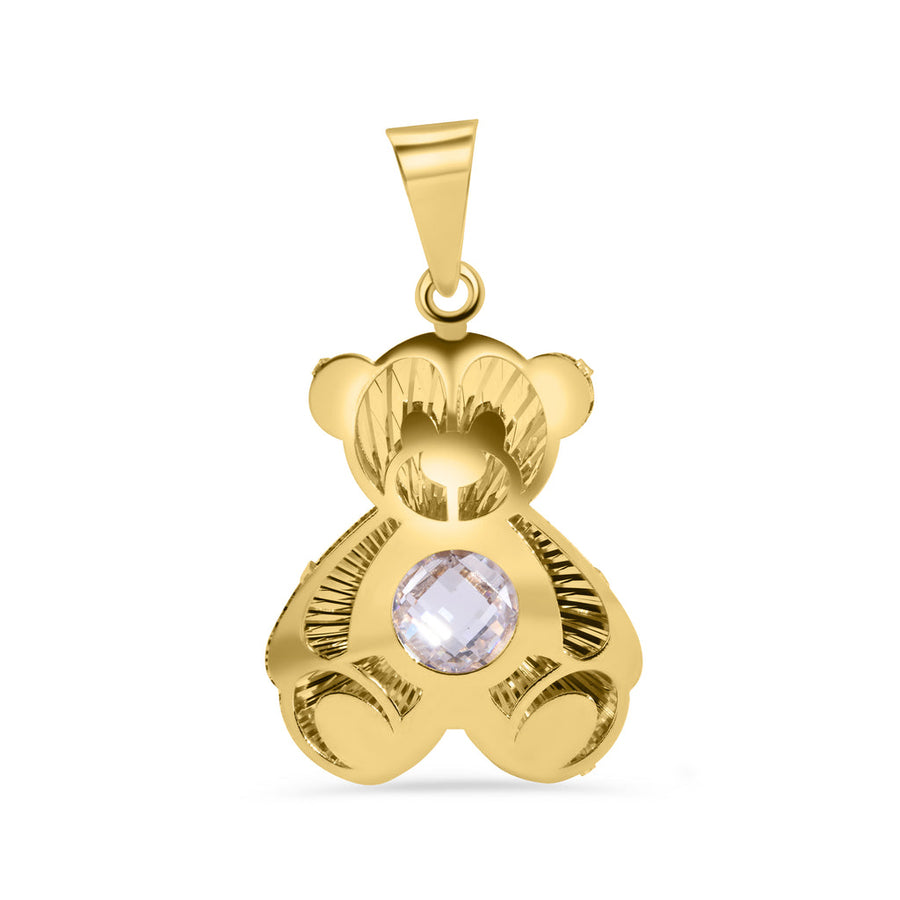 14 Karat Yellow Gold Multi Faceted Teddy Bear Diamond Cut Round Cut Clear CZ Pendant