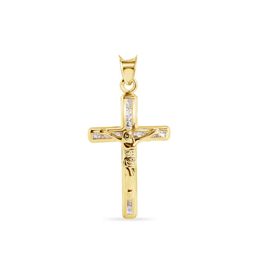 14 Karat Yellow Gold Cross Jesus Christ Clear CZ Pendant
