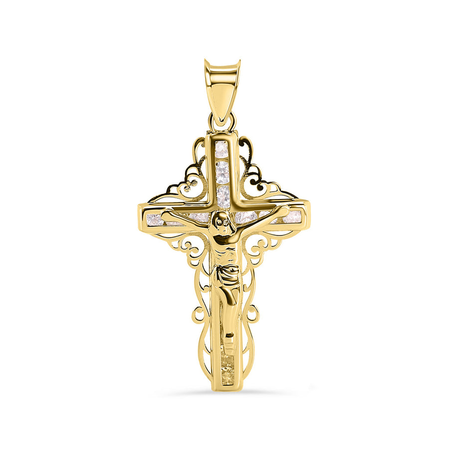 14 Karat Yellow Gold Celtic Cross Jesus Christ Clear CZ Pendant